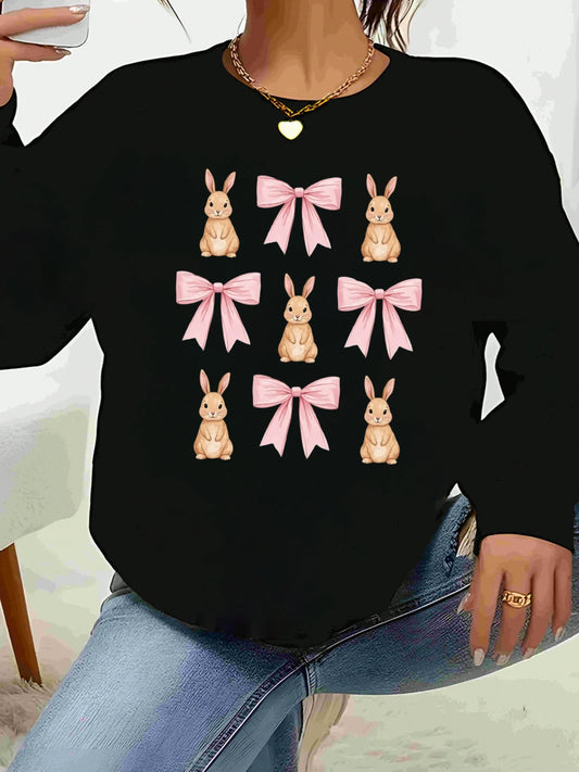Easter Bunny and Pink Bow Print Long Sleeve Sweater Spring Casual Women's Top