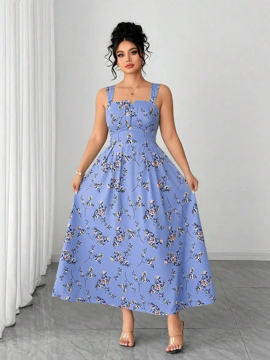 Plus Size Women's Floral Print Spaghetti Strap A-Line Midi Dress