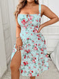 Plus Size Boho Floral Tie Front Cami Dress with Side Slit for Summer