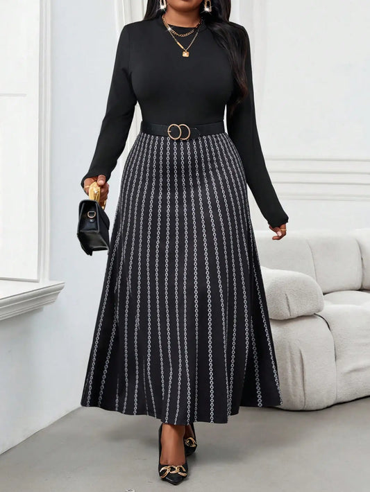 Plus Size Long Sleeve Midi Dress with Chain Print and Belted Waist for Office or Holiday Wear