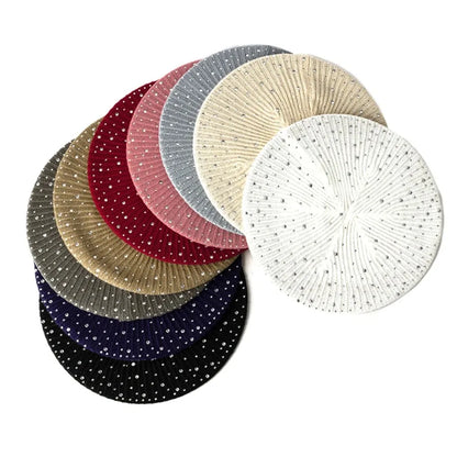 Handmade Women Rhinestone Beret Knitted Stripe Solid Hat Female Ladies Warm Flexible Berets Girls Lady Casual Bonnet