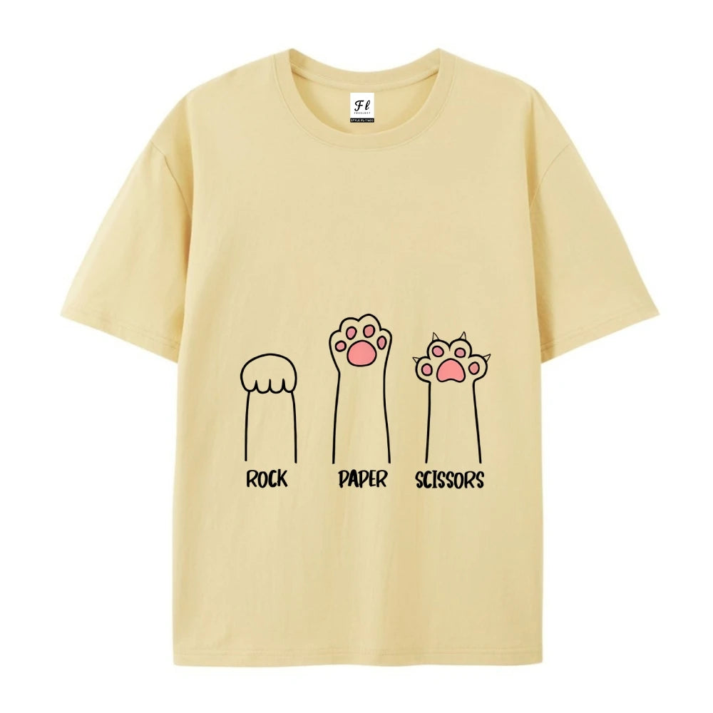 Rock Paper Scissors T-Shirt Casual Crewneck Tops Summer Cotton Loose  FunnyCat Print Clothes Women Fashion Oversize