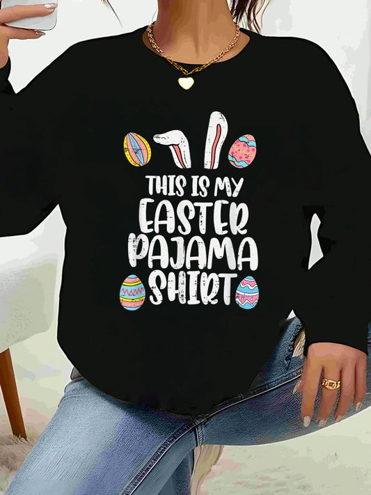 Easter Bunny and Eggs Print This Is My Easter Pajama Shirt Long Sleeve Top Casual Wear for Women