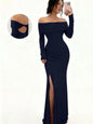 Women's Off-Shoulder Bodycon Dress - Long Sleeve High Slit Bandage Dress, Chic Figure-Hugging Midi