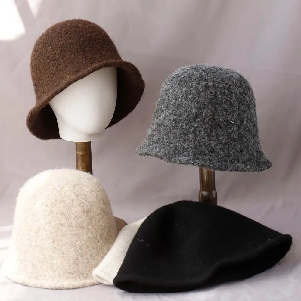 new  wool Women's Bucket Hat Panama Cap Autumn Winter Warm Soft Foldable Chapeau