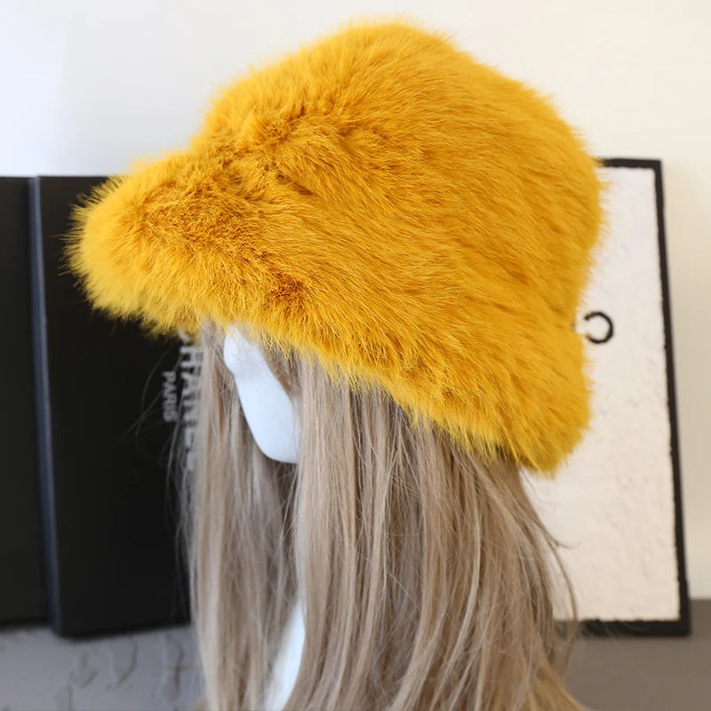Fluffy Faux Fur Bucket Hats Women Fuzzy Wide Brim Thick Plush Winter Hat Lady Long Pile Fur Panama Furry