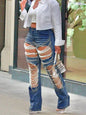 Women's Pearl Embellished Ripped Jeans, Distressed Denim, Frayed Hem, Style for Casual Outings