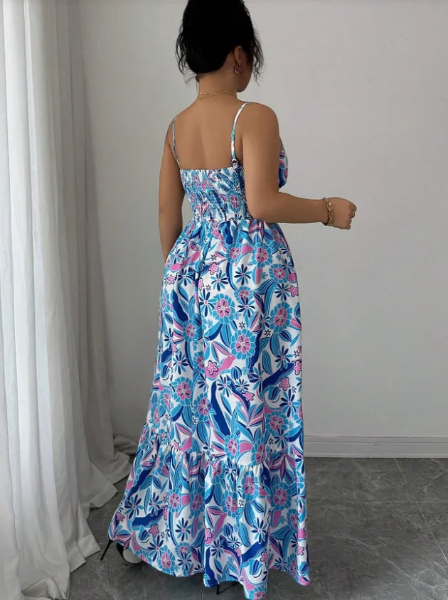 Plus size women's blue and white floral camisole dress; loose fit