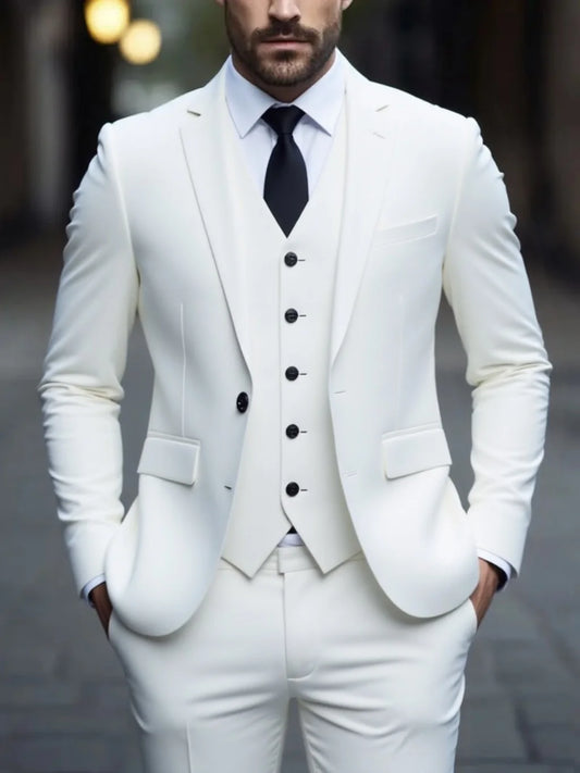 Men's Three-Piece White Suit, Anti-Wrinkle, No-Iron, Fur Business Formal Suit, Four-Season Workplace
