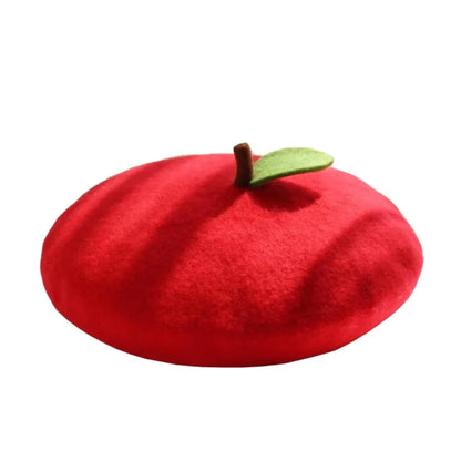 Lady Fresh Cute Fruit Flat Painter Wool Felt Orange Apple Lemon Pink Gift Green Leaf Kids Handmade Warm Berets Caps