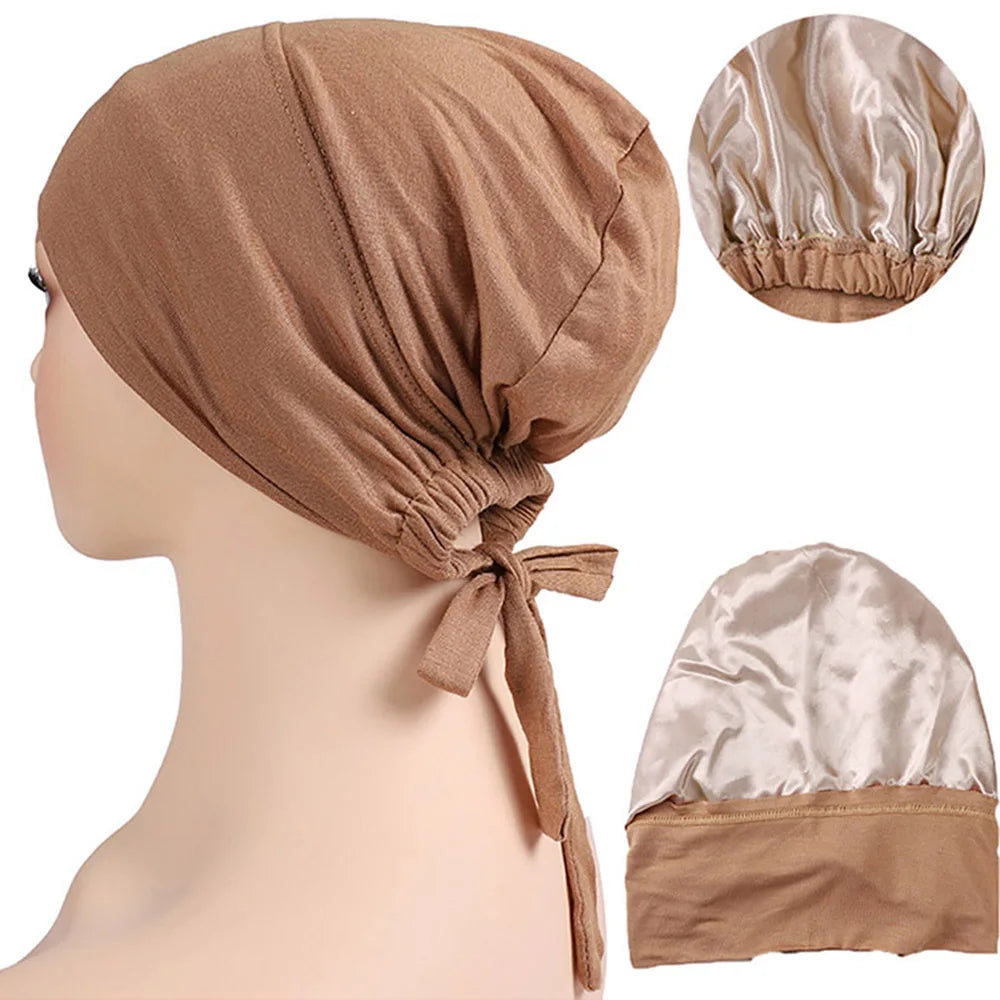 Double Layer Modal Satin Hijab Cap Islam Tie Bonnet Instant Hijabs for Women Turkish Scarves
