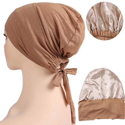 Double Layer Modal Satin Hijab Cap Islam Tie Bonnet Instant Hijabs for Women Turkish Scarves