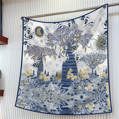 90cm Square Scarf Women Fashion Floral Twill Silk Shawl Hijab Luxury Bandana Foulard Neckerchief