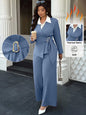 Women's Lapel Long Sleeve Blazer & Wide Leg Pants Suit Set Thermal Soft Fabric
