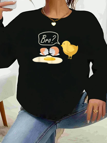 Chicken Egg Bro Print Long Sleeve T-Shirt Easter Casual Wear Women's Clothing