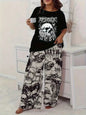 2-Piece Plus Size Women's Skull Print Pajama Set - Short Sleeve Top & Wide Leg Pants, Soft Polyester Blend