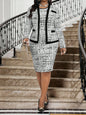 Elegant Tweed Office Suit Set for Women - Long Sleeve Blazer & Pencil Skirt, Plus Size, Business Casual