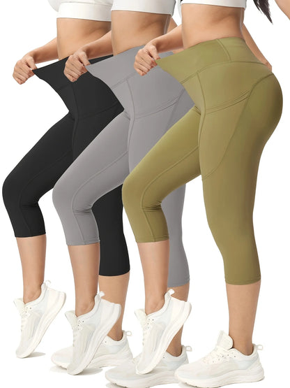 3pcs Women's Long Sports Leggings, High-Waist Sports Trousers With Mobile Phone Pocket,