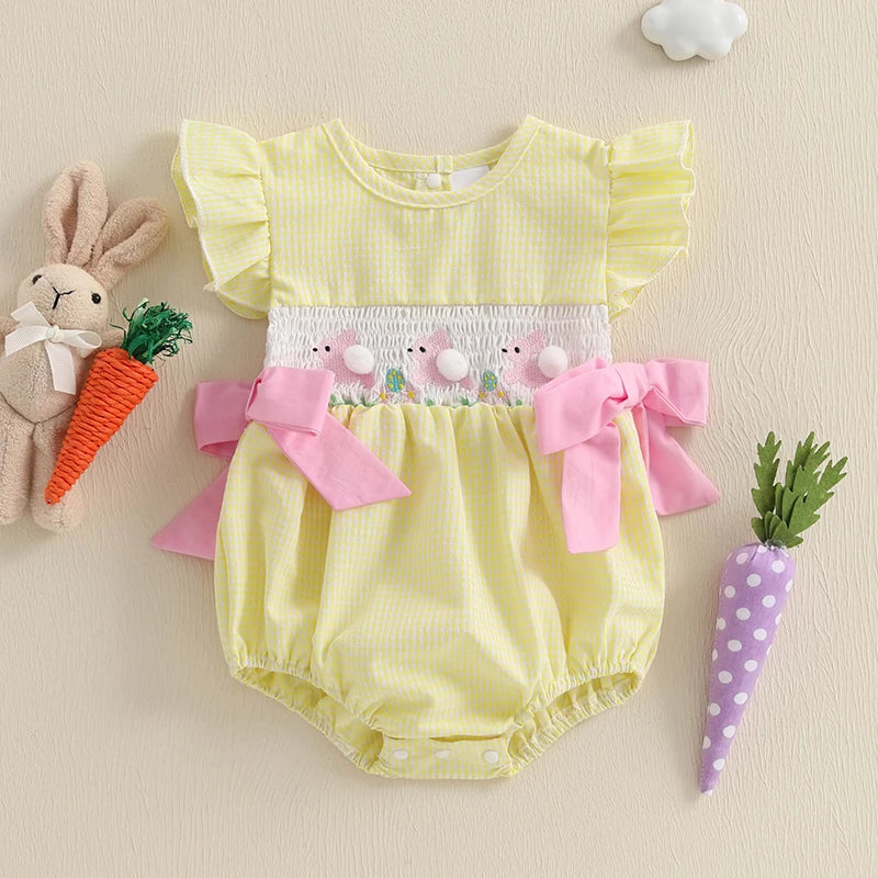 Baby Girls Rompers Easter Clothes Rabbit Embroidery Plaid Fly Sleeve Summer Bodysuits Jumpsuits