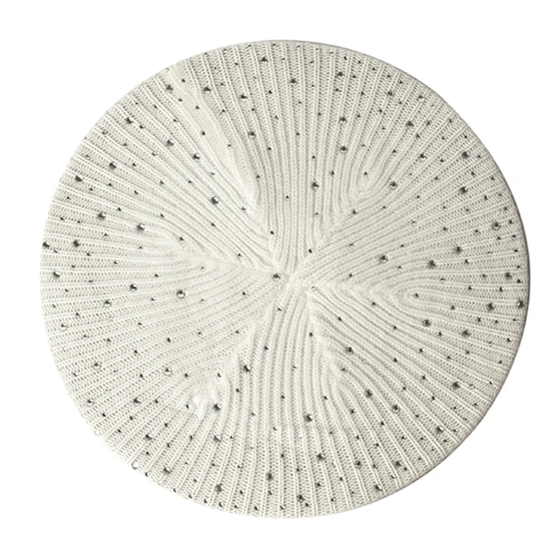 Handmade Women Rhinestone Beret Knitted Stripe Solid Hat Female Ladies Warm Flexible Berets Girls Lady Casual Bonnet