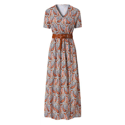 Women Slim Floral Print Long Dresses With Belt  2pcs A Line Maxi Dress Female Short Sleeve Streetwear Dresses