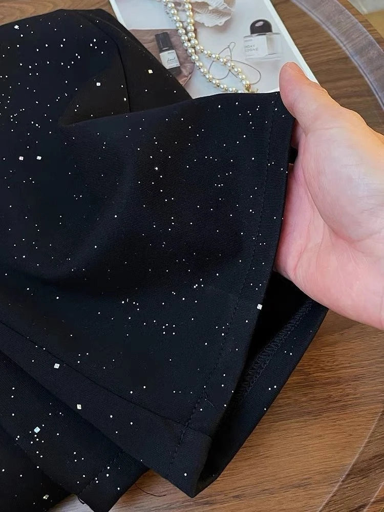 Starry Sky Ice Silk Wide Leg Pants  High Waist Straight Leg Sporty  Sparkling Pants