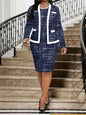 Elegant Tweed Office Suit Set for Women - Long Sleeve Blazer & Pencil Skirt, Plus Size, Business Casual
