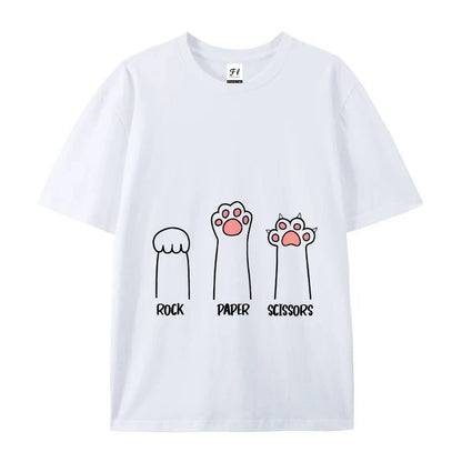 Rock Paper Scissors T-Shirt Casual Crewneck Tops Summer Cotton Loose  FunnyCat Print Clothes Women Fashion Oversize