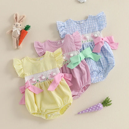 Baby Girls Rompers Easter Clothes Rabbit Embroidery Plaid Fly Sleeve Summer Bodysuits Jumpsuits