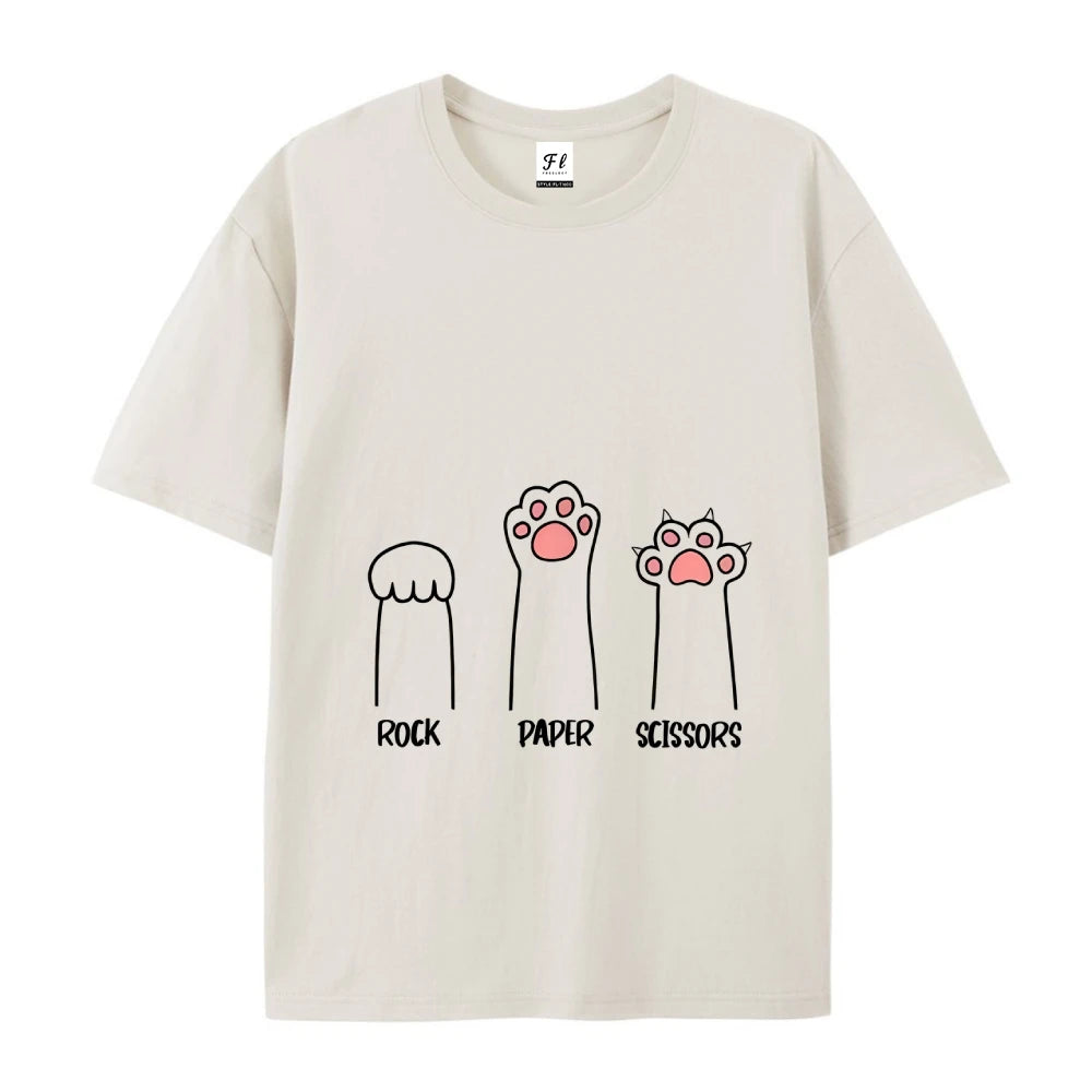 Rock Paper Scissors T-Shirt Casual Crewneck Tops Summer Cotton Loose  FunnyCat Print Clothes Women Fashion Oversize