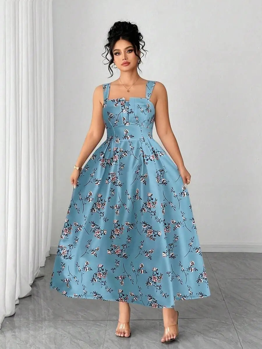 Plus Size Women's Floral Print Spaghetti Strap A-Line Midi Dress
