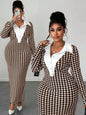 Various Colors & Houndstooth Collared Bodycon Long Sleeve Dress with Button Front