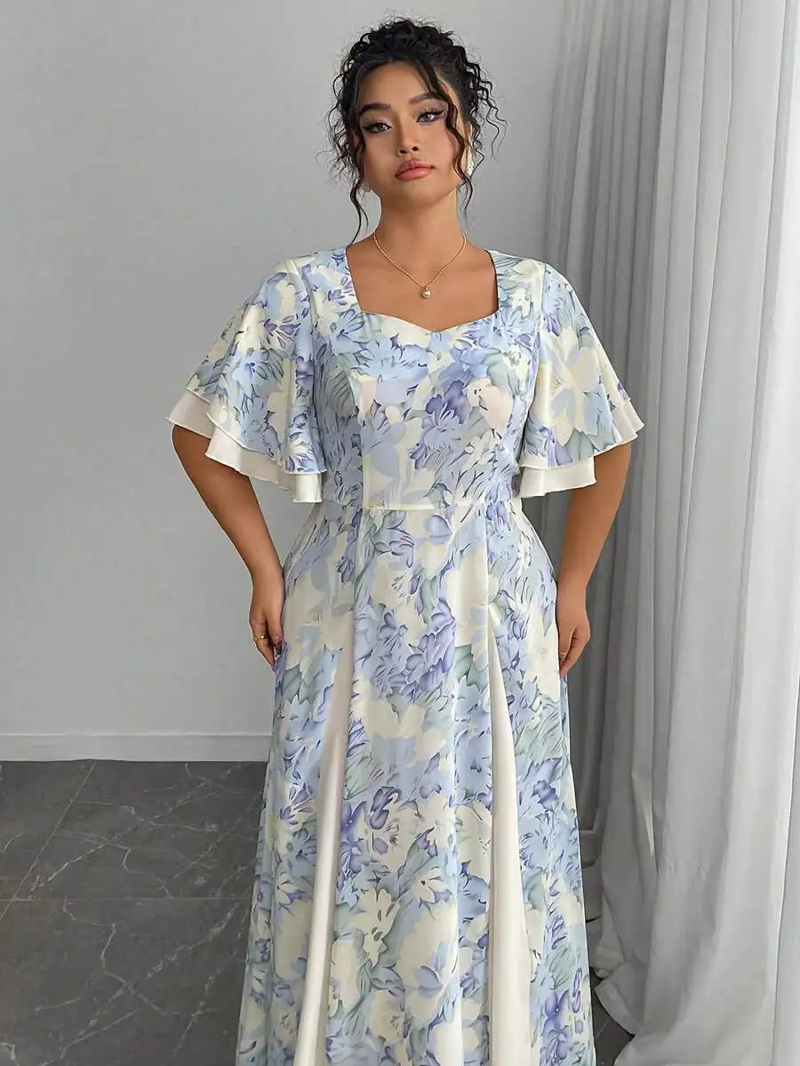 Plus Size Floral Print Square Neck Flutter Sleeve A-Line Midi Dress