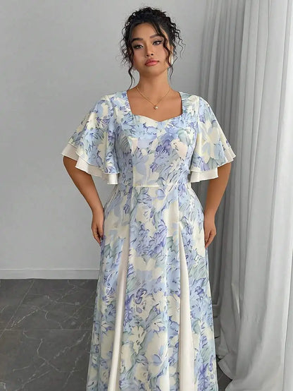 Plus Size Floral Print Square Neck Flutter Sleeve A-Line Midi Dress
