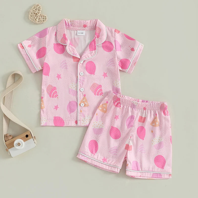 Children s Girls Pajama Set with Fun Cake and Balloon Print Short Sleeve Shirt Top and Shorts 2-Piece Lounge Suit for