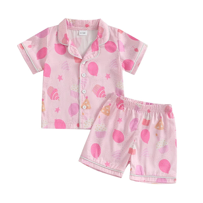 Children s Girls Pajama Set with Fun Cake and Balloon Print Short Sleeve Shirt Top and Shorts 2-Piece Lounge Suit for