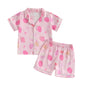 Children s Girls Pajama Set with Fun Cake and Balloon Print Short Sleeve Shirt Top and Shorts 2-Piece Lounge Suit for