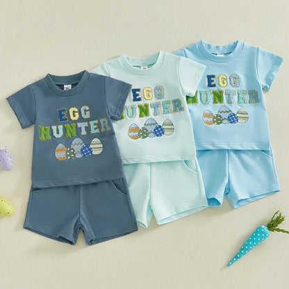 Summer Kids Boys Easter Shorts Set Short Sleeve Embroidery Letters Eggs T-shirt with Shorts Clothes Outfit