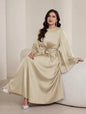 Plus Size Brown Satin Dress with Flared Sleeves and Pearl Trim