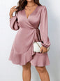 Plus Size Royal Blue Satin Wrap Dress with Lantern Sleeves and Side Tie
