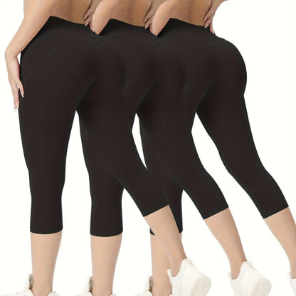 3pcs Women's Long Sports Leggings, High-Waist Sports Trousers With Mobile Phone Pocket,