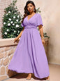 Plus Size Solid Color Wrap V-Neck Maxi Dress For Wedding Formal Occasion