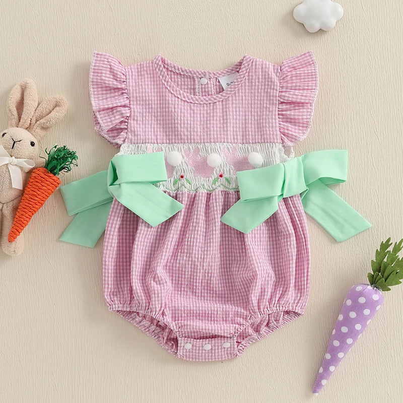 Baby Girls Rompers Easter Clothes Rabbit Embroidery Plaid Fly Sleeve Summer Bodysuits Jumpsuits
