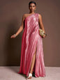 Olive Green Shiny Pleated One-Shoulder Maxi Dress for Plus Size