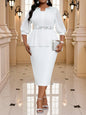 Elegant White Peplum Dress with Crystal Belt & Bishop Sleeves for Plus