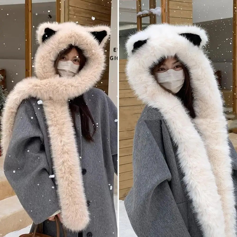 Cute Fox Ear Fluffy Hat Scarf Warm Thick Plush Hooded Scarf For Women Windproof Protection Ear Hat