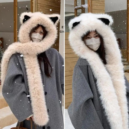 Cute Fox Ear Fluffy Hat Scarf Warm Thick Plush Hooded Scarf For Women Windproof Protection Ear Hat
