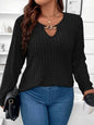 Plus Size Solid V-neck Chain Loose Long Sleeved Rib-knit Light Sweater