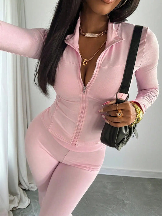 Zip-Up Long Sleeve 2-Piece Set for Women, Casual Sporty Style, Slim Fit & Full Zipper