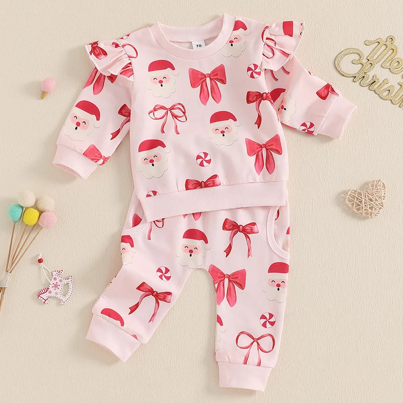 Toddler Girl Christmas Dress Red Plaid Ruffle Sleeve Santa Claus Printed Baby Girls Outfits with Leggings and Headband